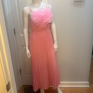 Pink Pleated Midi Dress with Floral Accent